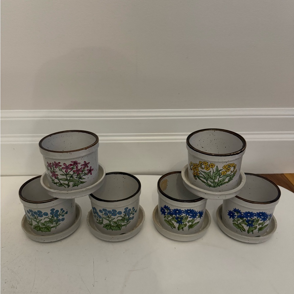 Set of 6 Vintage 1970’s TAKAHASHI SMALL FLOWER POTS 3” Attached Tray Japan